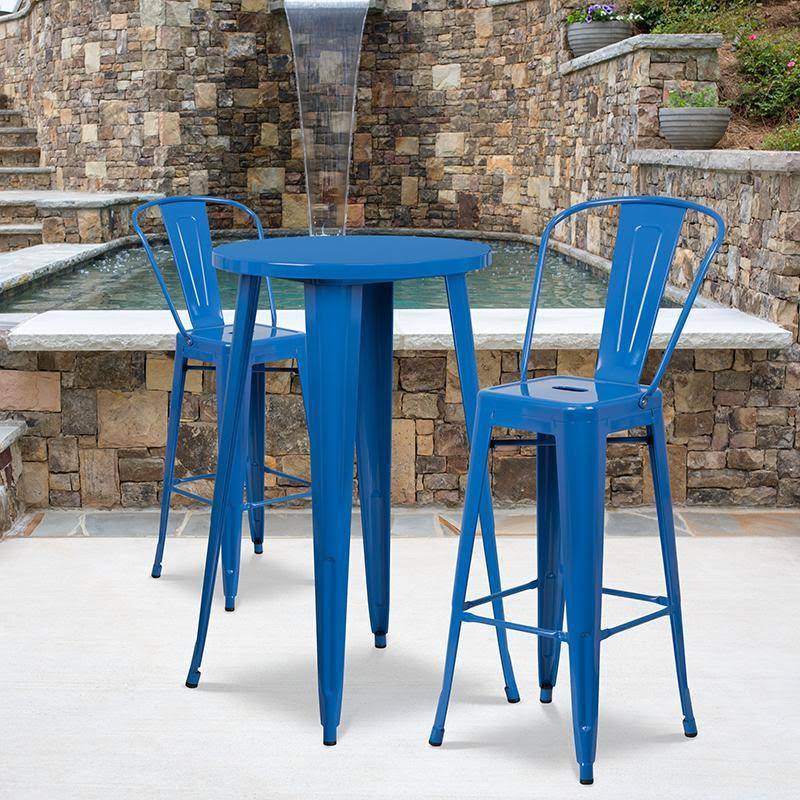24'' Round Blue Metal Indoor-Outdoor Bar Table Set with 2 Cafe Stools I78167