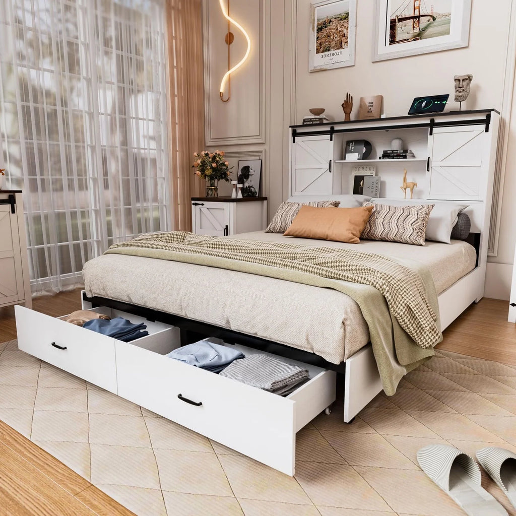 Queen Size Wooden Platform Bed Frame with Bookcase Headboard Storage B3939