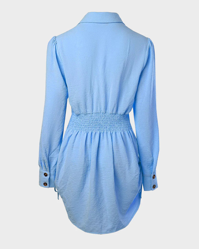 Long Sleeve Button Down Drawstring Shirt Dress P307