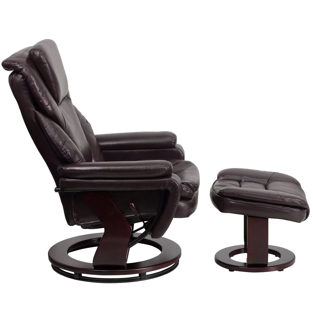 Brown LeatherSoft Recliner and Ottoman with Swivel Mahogany Wood Base M93940