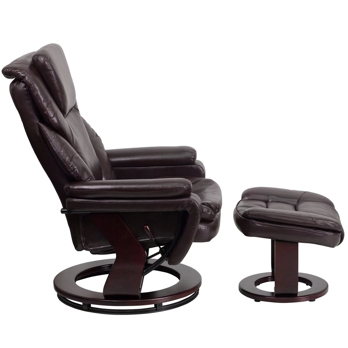 Brown LeatherSoft Recliner and Ottoman with Swivel Mahogany Wood Base M93940