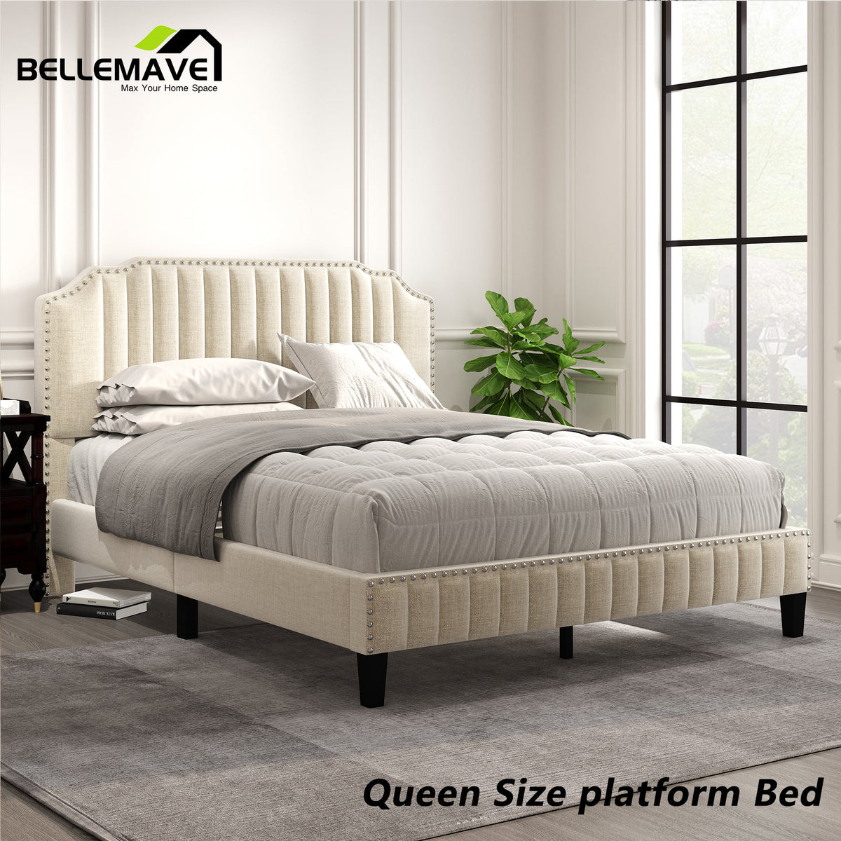 Linen Upholstered Platform Bed Frame Queen Size with Headboard Z638897