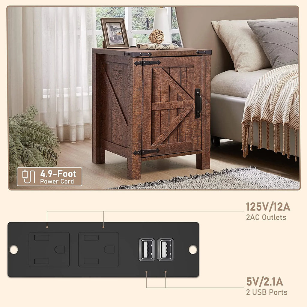 Light Rustic Oak Wood Metal End Side Table with Charging Station V2654