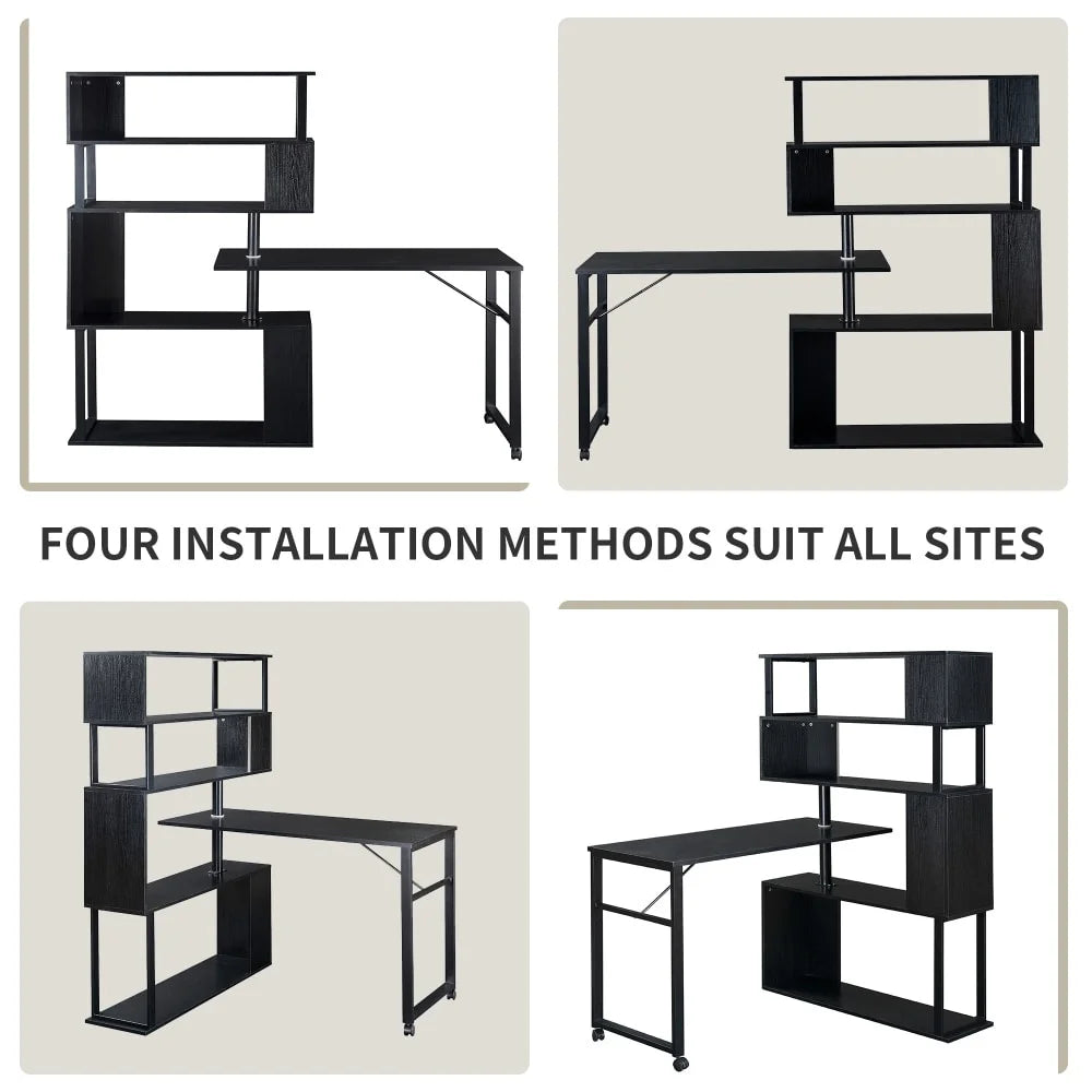 L-Shaped Corner Computer Desk with 5-Tier Bookshelf Black M771