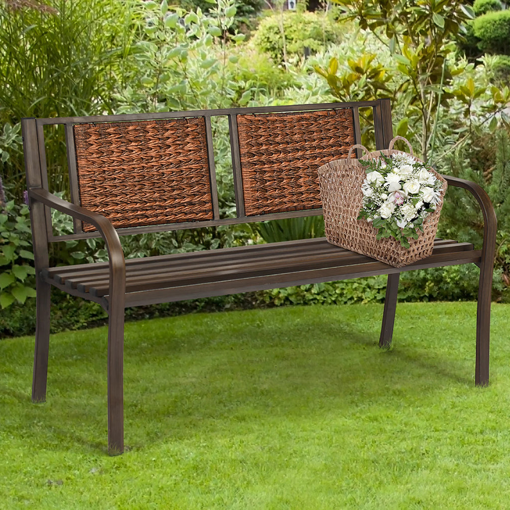 Patio Garden Bench Steel Frame Rattan Backrest C126651