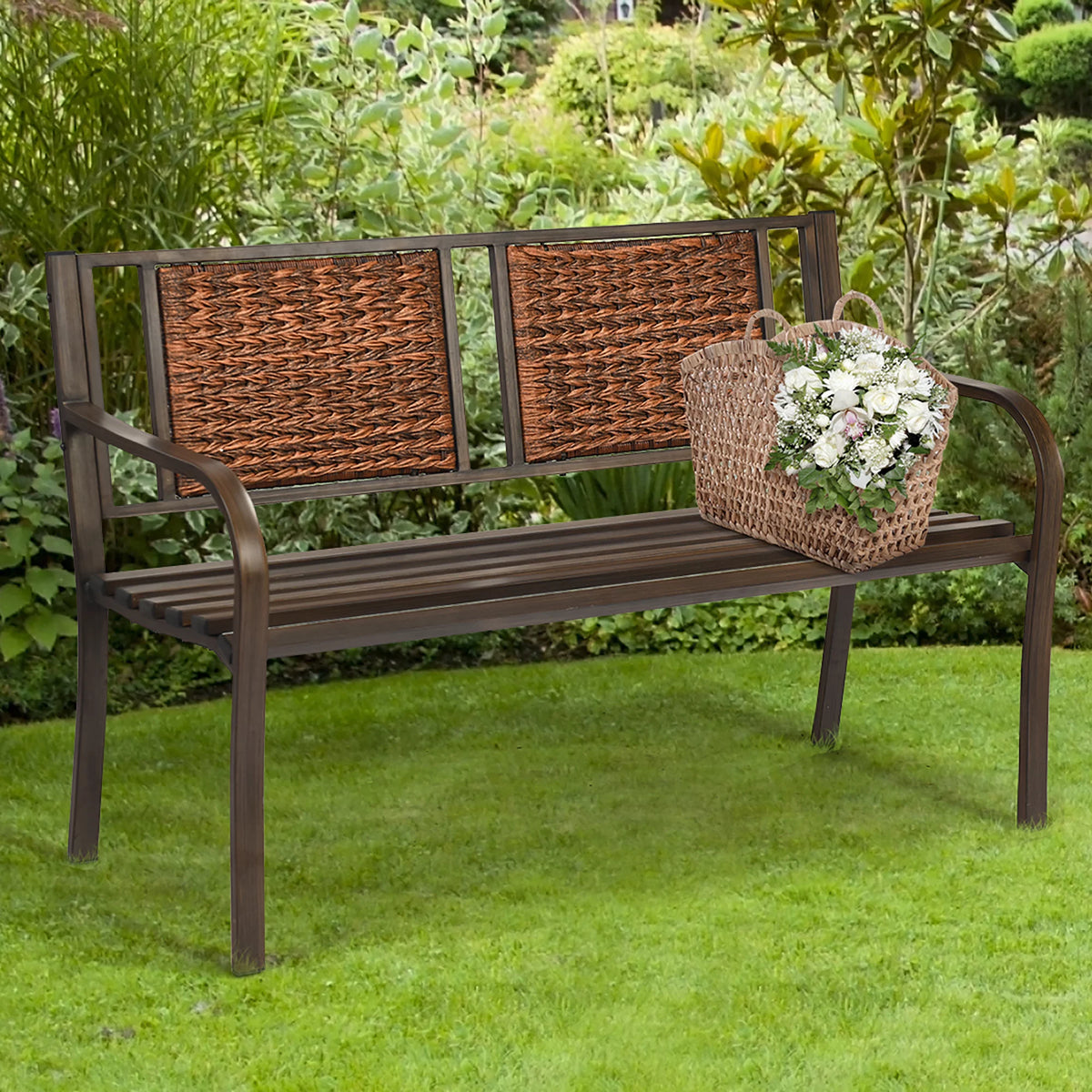 Patio Garden Bench Steel Frame Rattan Backrest C126651