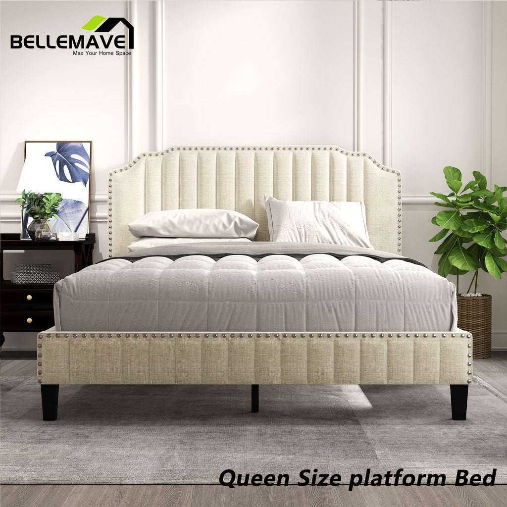 Linen Upholstered Platform Bed Frame Queen Size with Headboard Z638897