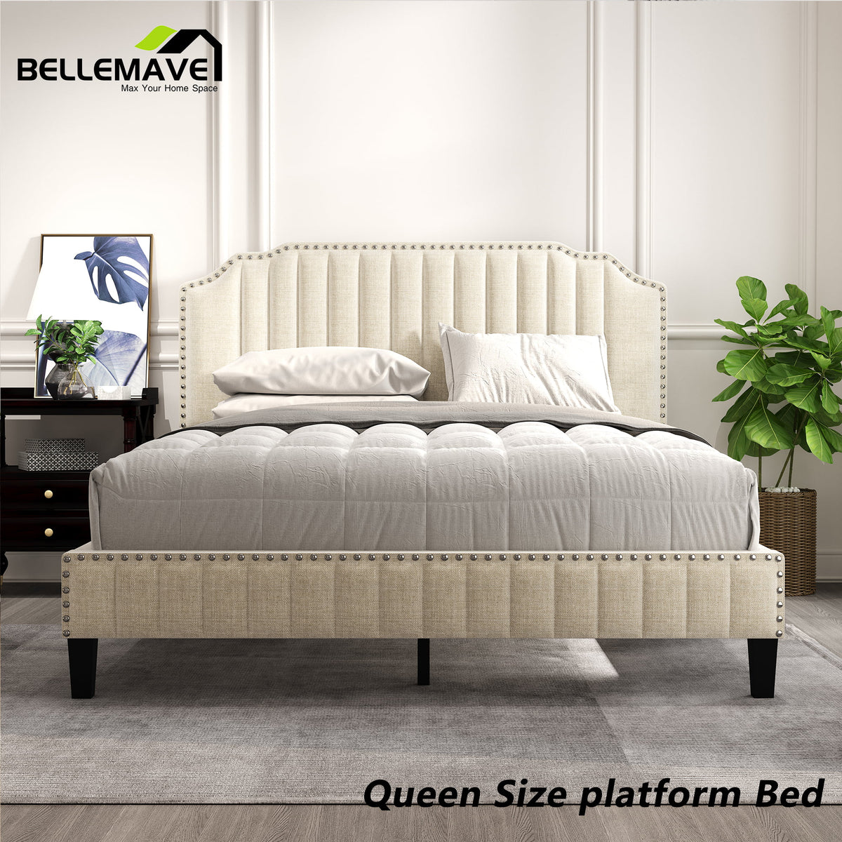 Linen Upholstered Platform Bed Frame Queen Size with Headboard Z638897