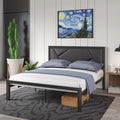 Queen Size Black Metal Bed Frame with Upholstered Headboard X212