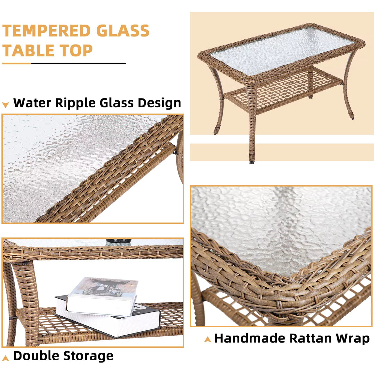 5 Pieces All Weather Wicker Patio Conversation Sofa Set with Glass Coffee Table W43867
