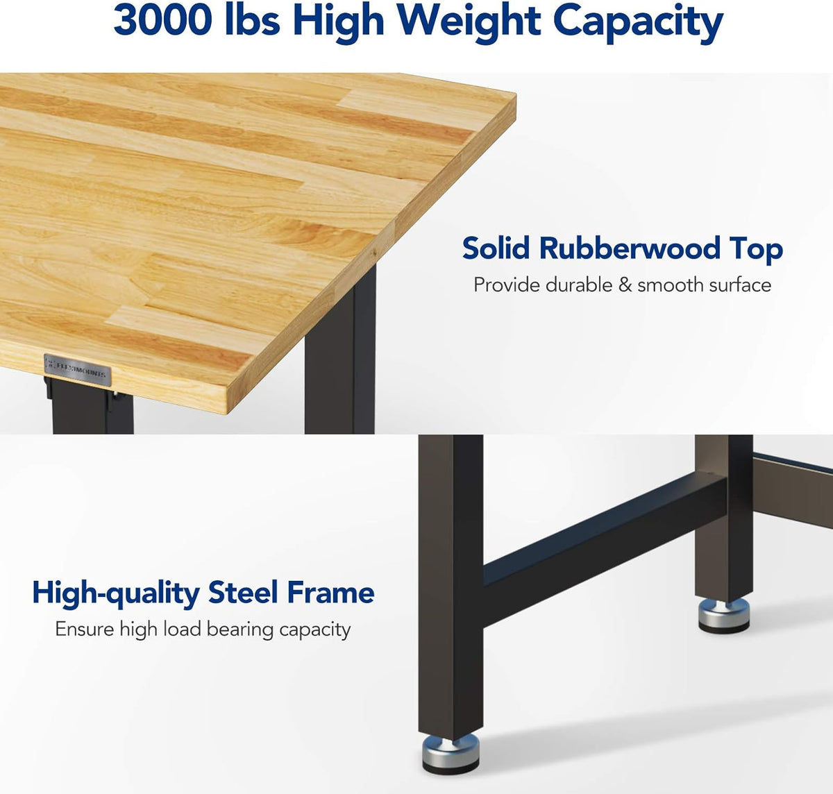 Work Bench with Drawer 3000-lb Capacity 48"x 24" Rubber Wood Top Heavy-Duty Steel Frame S1447