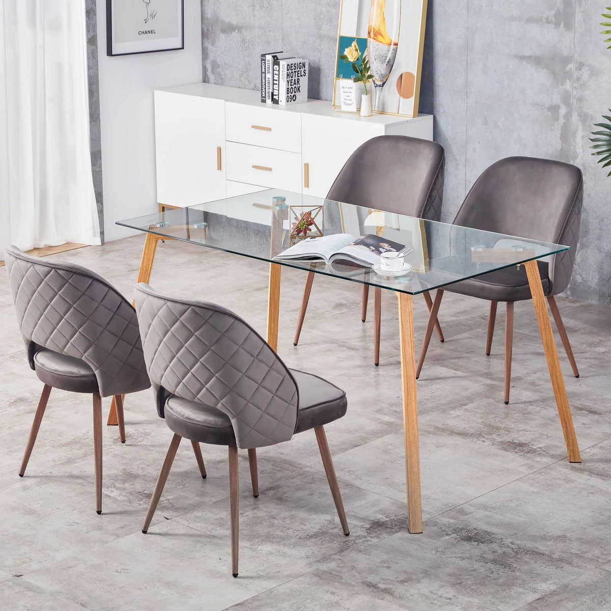 Glass Dining Table Modern Minimalist Rectangular 4-6 31" Tempered Glass Tabletop Black Coating Metal Legs Y58660