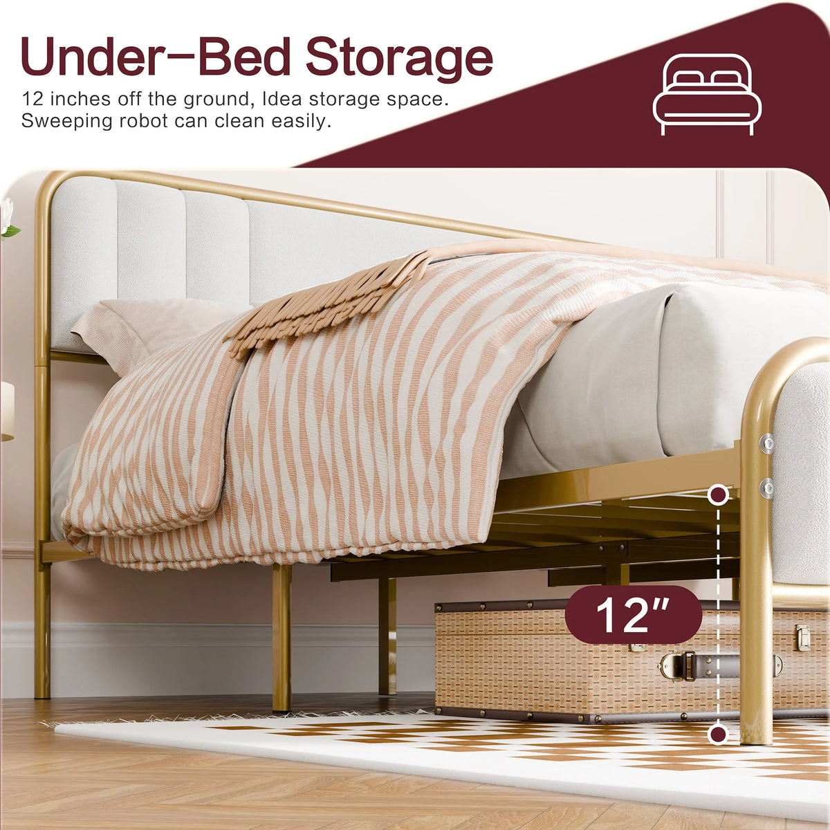 Gold Queen Size Velvet Fabric Headboard Metal Platform Bed V96017