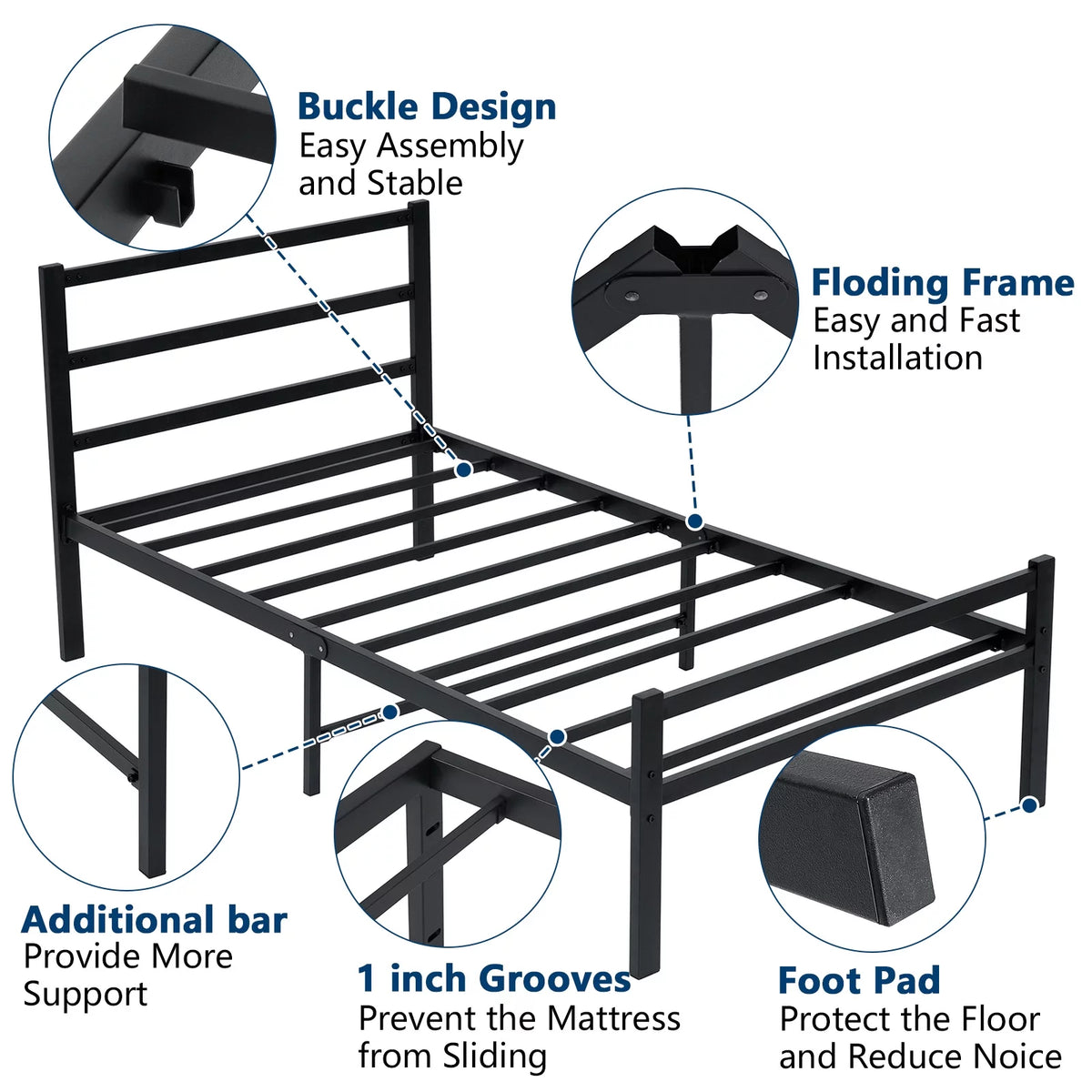 Twin Size Black Metal Platform Bed Frame with Headboard C128515
