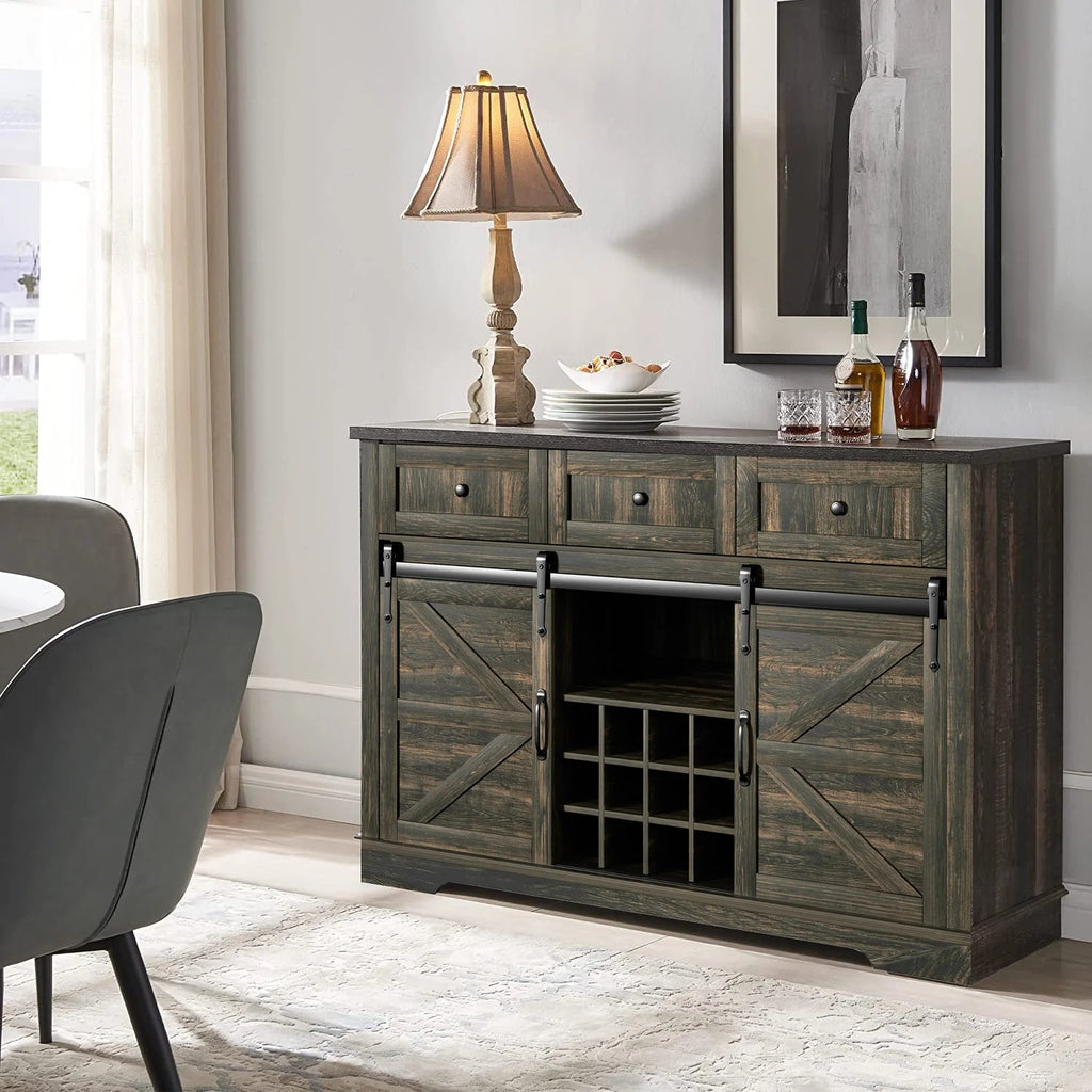 Wood Bar Cabinet with Sliding Barn Door and Wine Rack R327
