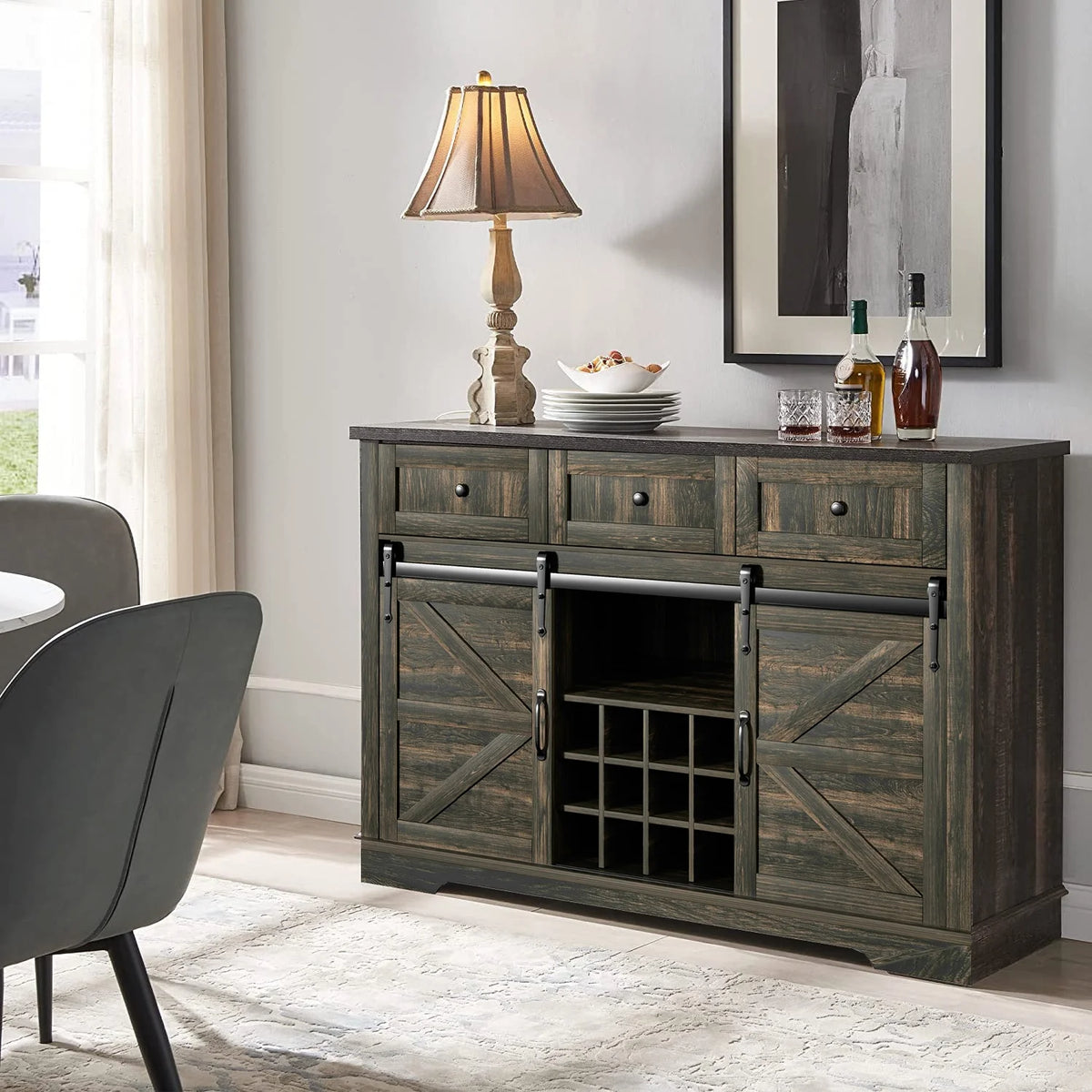 Wood Bar Cabinet with Sliding Barn Door and Wine Rack R327