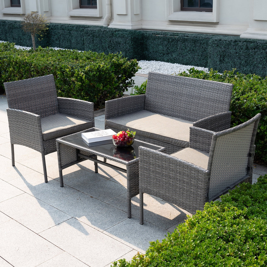 4 Piece Wicker Patio Conversation Furniture Set with Glass-Top Coffee Table & Gray Cushions O230056
