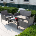 4 Piece Wicker Patio Conversation Furniture Set with Glass-Top Coffee Table & Gray Cushions O230056