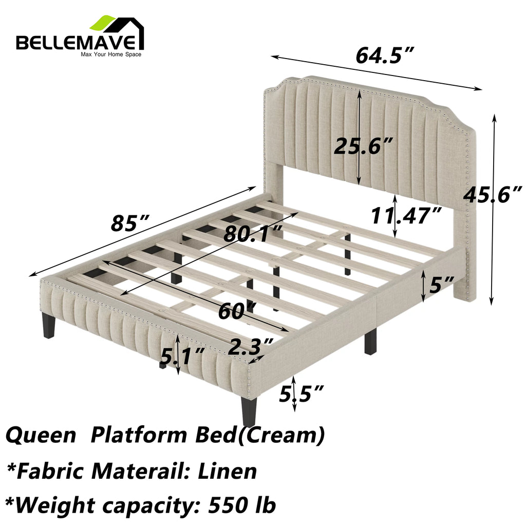 Linen Upholstered Platform Bed Frame Queen Size with Headboard Z638897