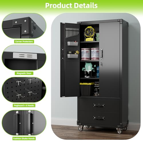 71" H Metal Storage Cabinet with Wheels, 5 Shelves and 4 Hooks, Black Silver P48743