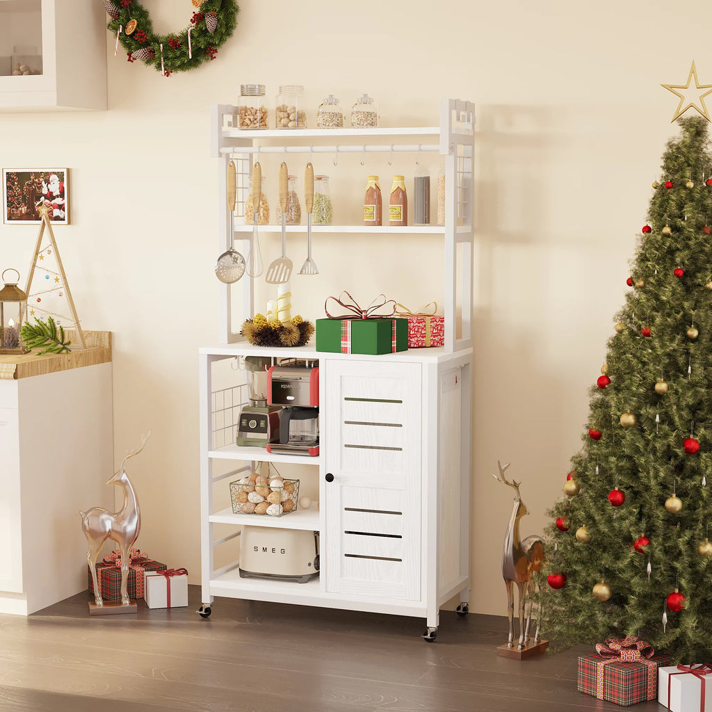 White Bakers Rack with Power Outlets and Cabinets C7099