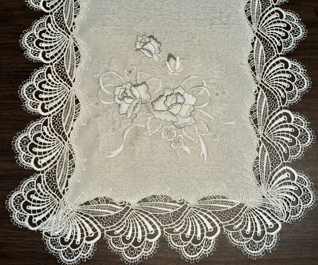 Table Runner with Gray Silver White Roses Lace 54 x 16 inches J999660