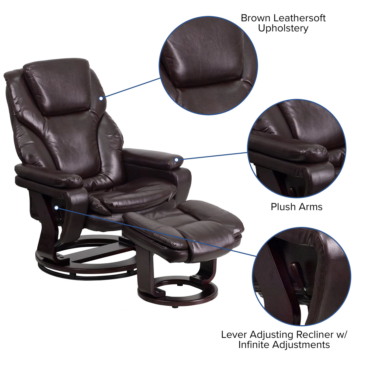 Brown LeatherSoft Recliner and Ottoman with Swivel Mahogany Wood Base M93940