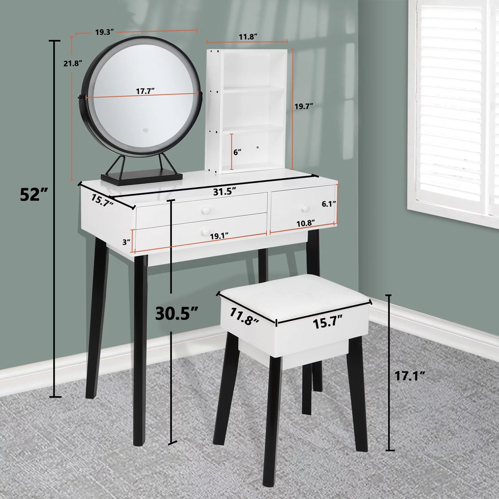 Black and White Vanity Set with Lighted Mirror and Cushioned Stool B29200