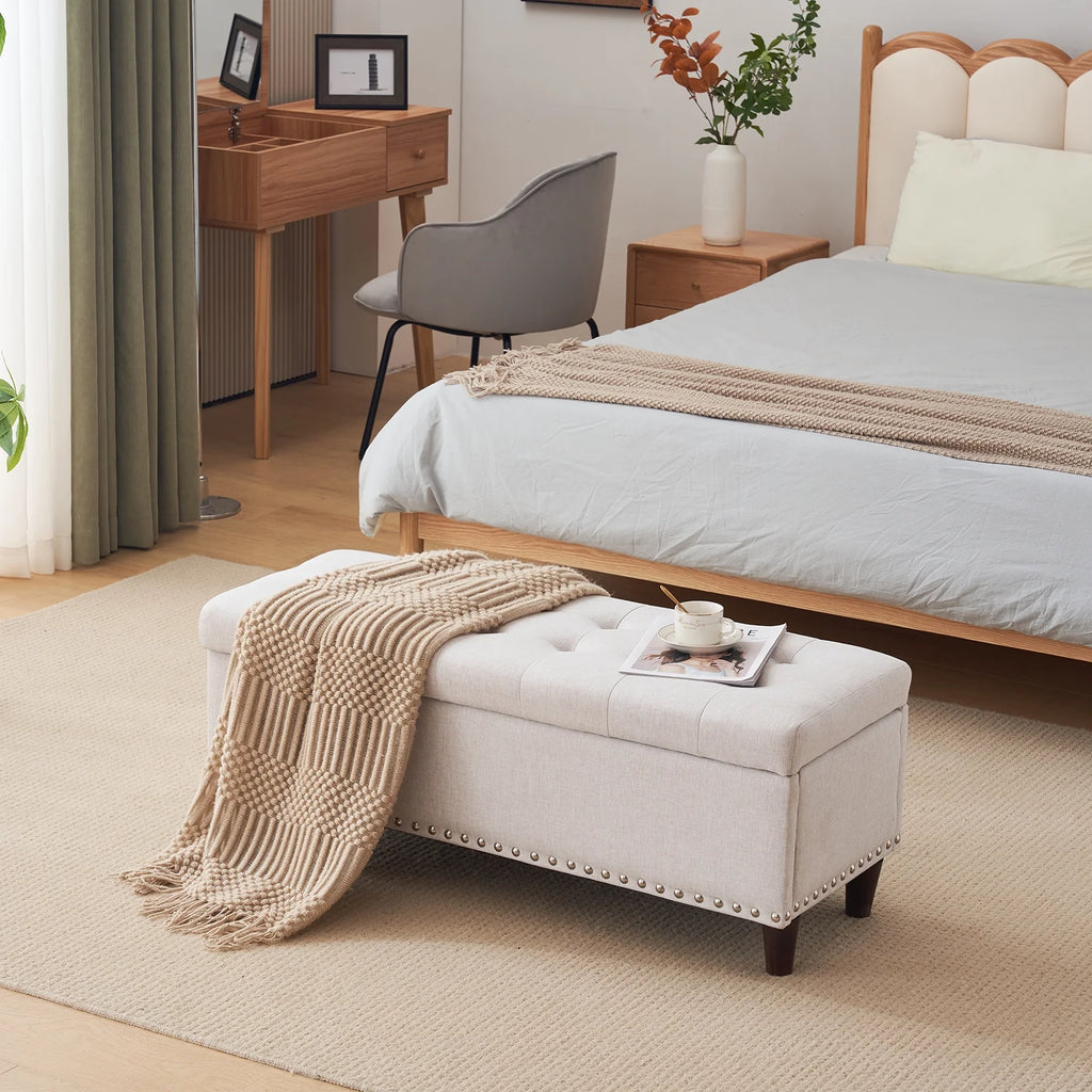 Off-White Linen Upholstered Storage Bench R592