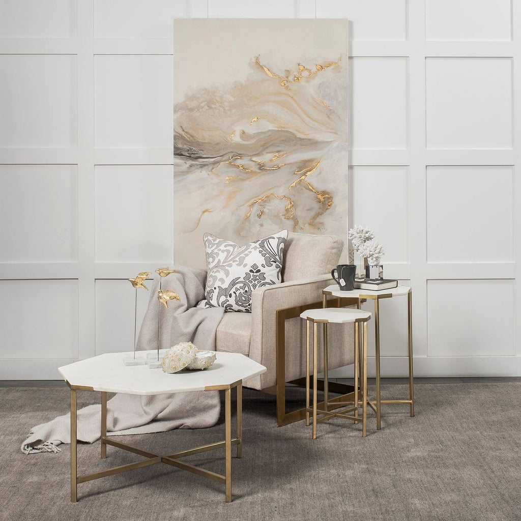 Set of Two White Marble and Iron Hexagonal End/Side Tables Q7623