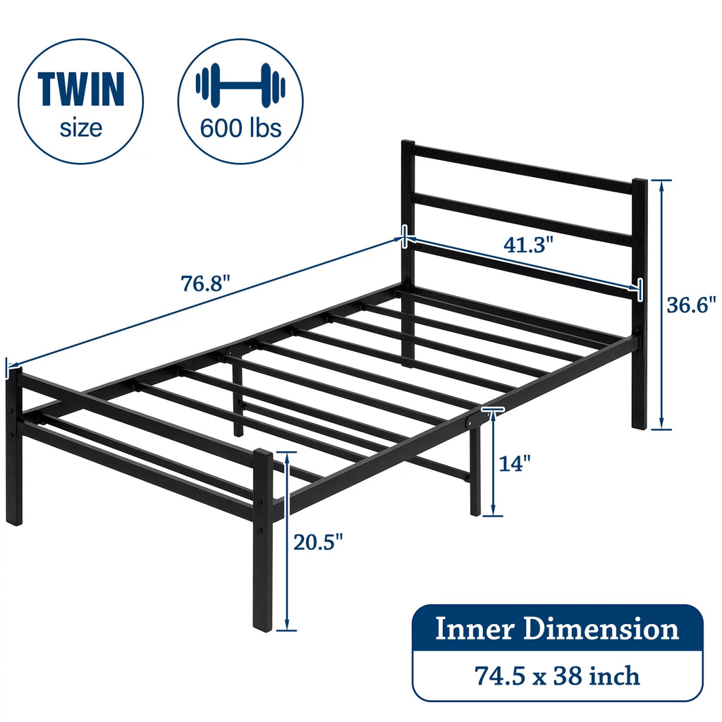 Twin Size Black Metal Platform Bed Frame with Headboard C128515