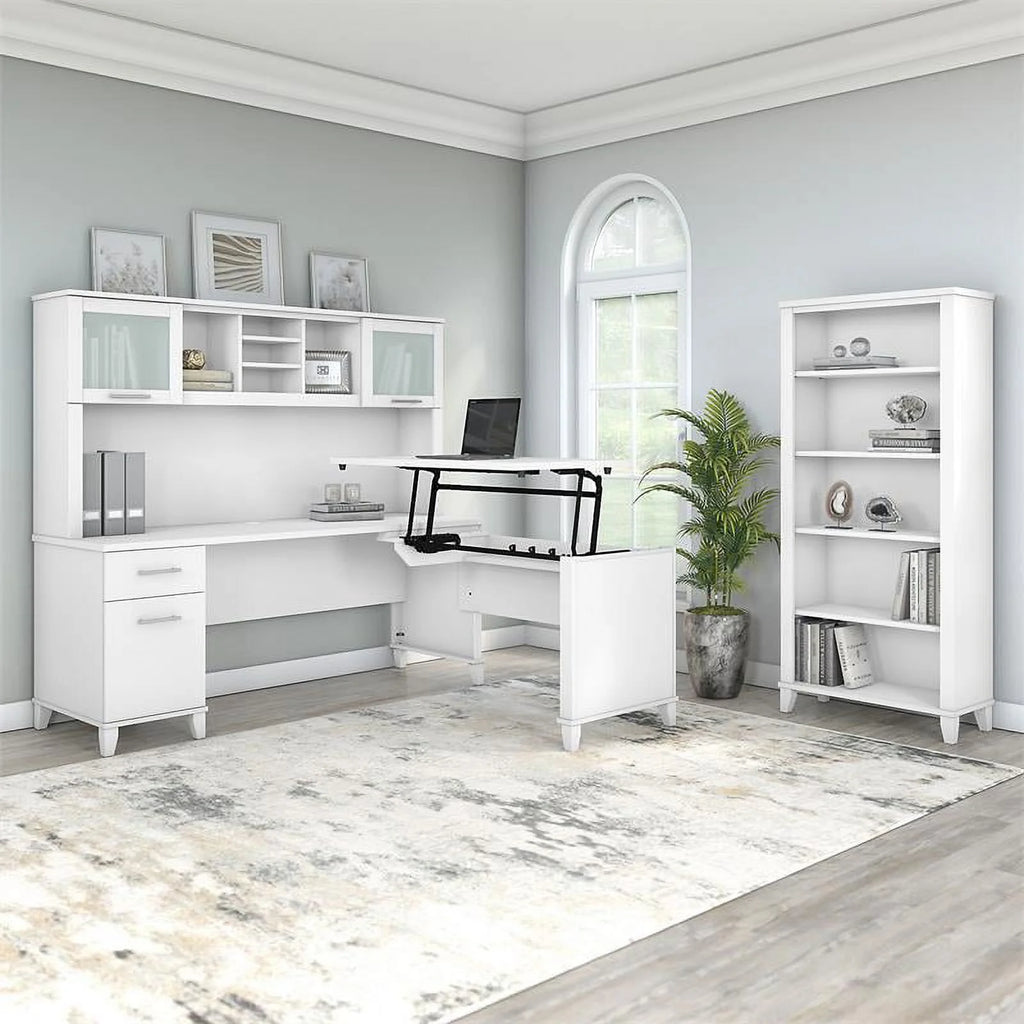 White Engineered Wood Sit to Stand Desk with Hutch and Bookcase B67402