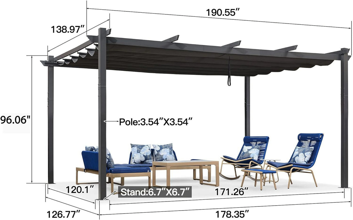 12' X 16' Outdoor Retractable Aluminum Pergola with Canopy X5873