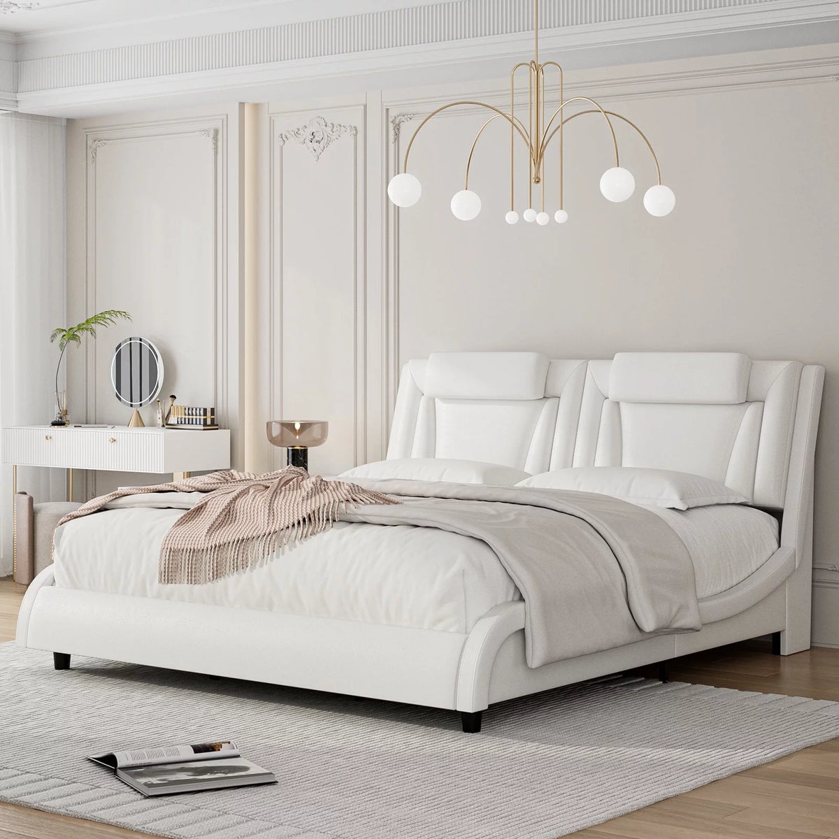 Queen LED PU Leather Upholstered Platform Bed with Adjustable Headboard Q40031