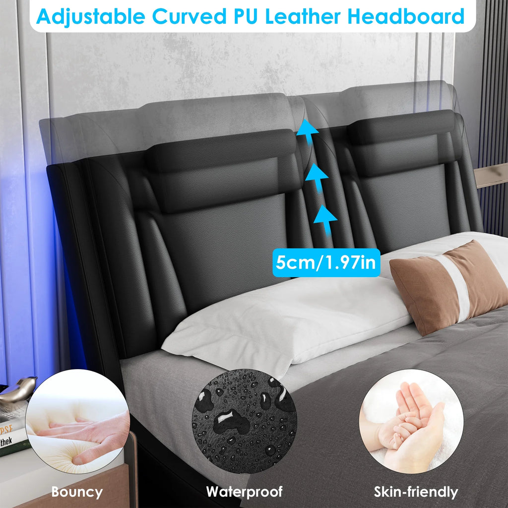 Queen LED PU Leather Upholstered Platform Bed with Adjustable Headboard Q40031