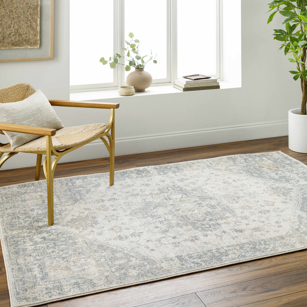 Cream Peach Medium Gray Area Rug 5'3" x 7' Y167303