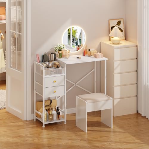 White Vanity Desk with 2 Fabric Drawers, 9 Compartments, Storage Shelves J610812