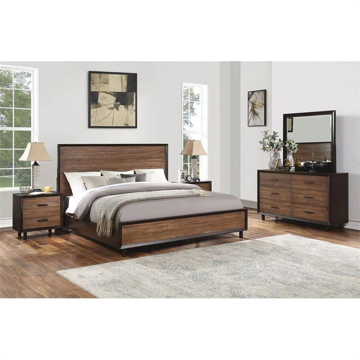 Brown Queen Bed Walnut Acacia Wood Y755201