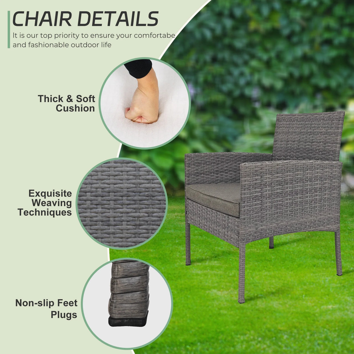 4 Piece Wicker Patio Conversation Furniture Set with Glass-Top Coffee Table & Gray Cushions O230056