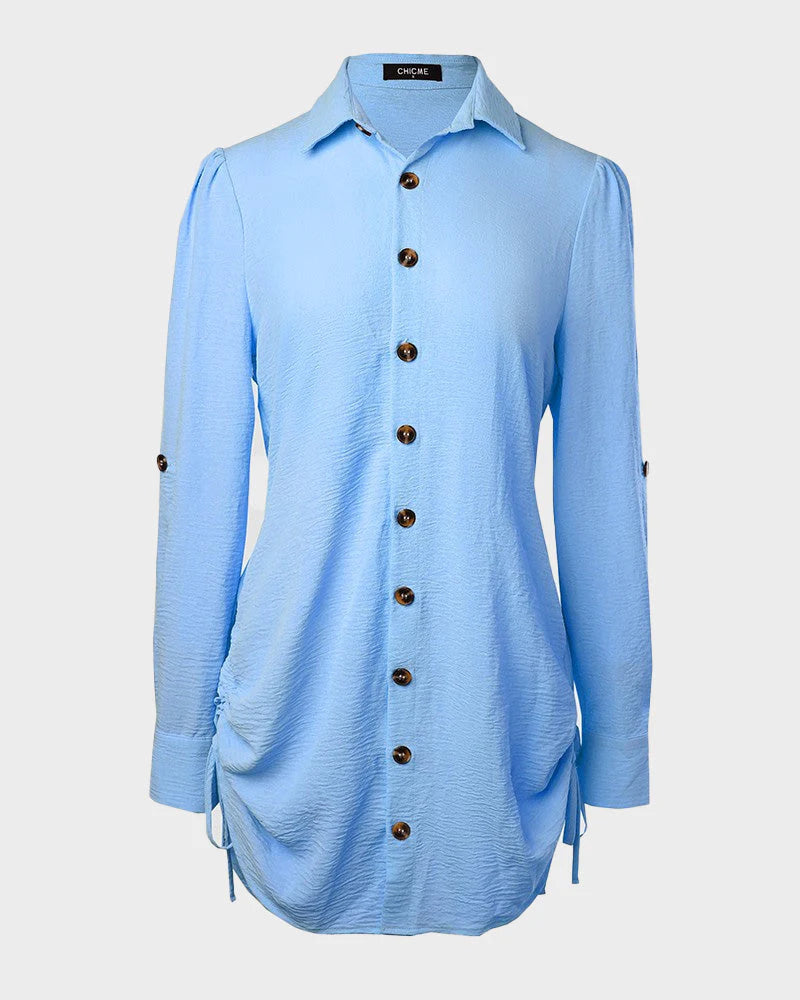 Long Sleeve Button Down Drawstring Shirt Dress P307