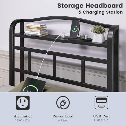 Black 14 Inch Full Size Metal Platform Bed Frame with Storage Headboard and Charging Station Z1579