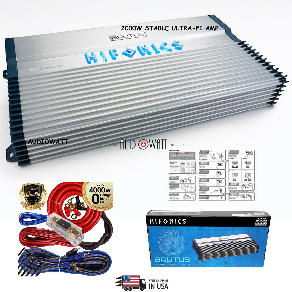 2000W RMS Mono Car Subwoofer Amplifier with Amp Kit C93174