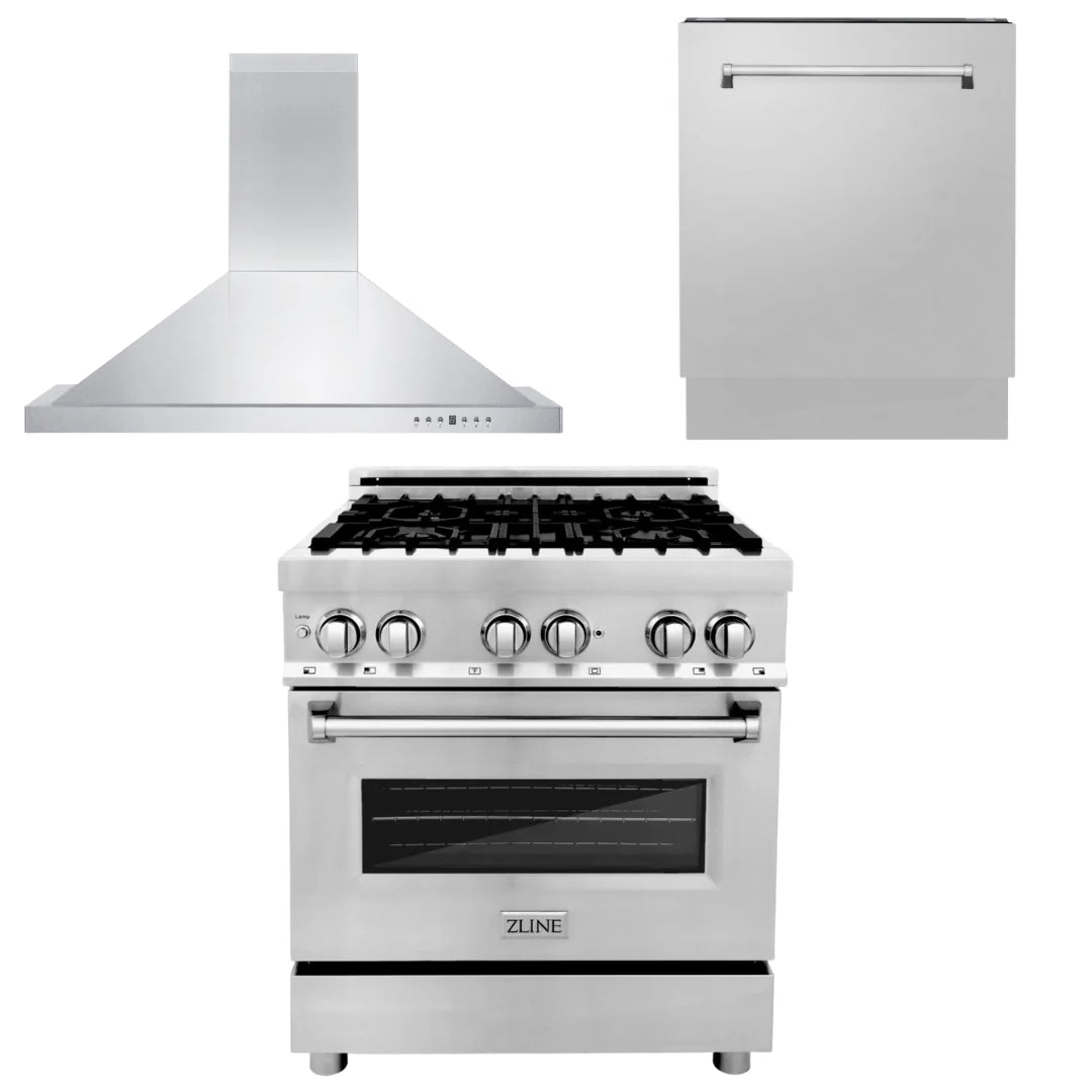 30 in. Dual Fuel Range, Range Hood, 3 Rack Dishwasher A8081