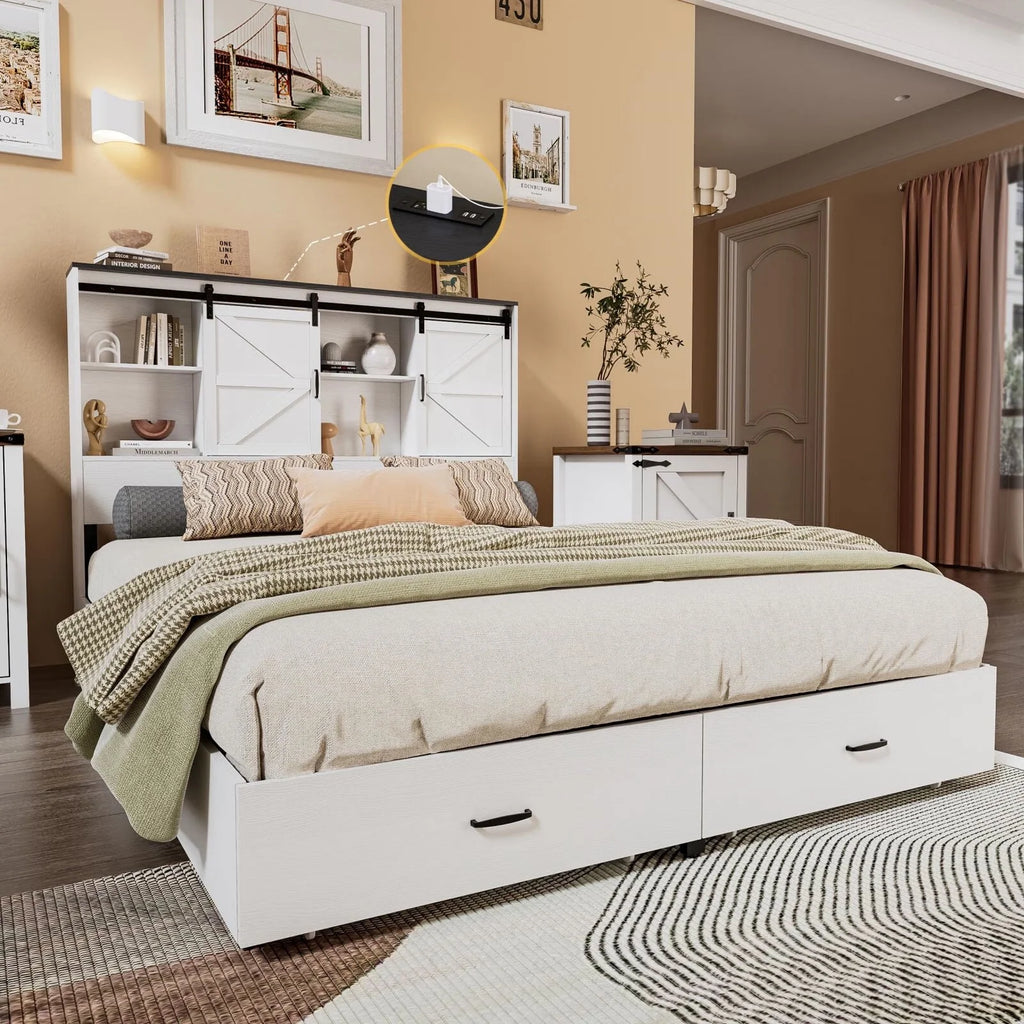 Queen Size Wooden Platform Bed Frame with Bookcase Headboard Storage B3939