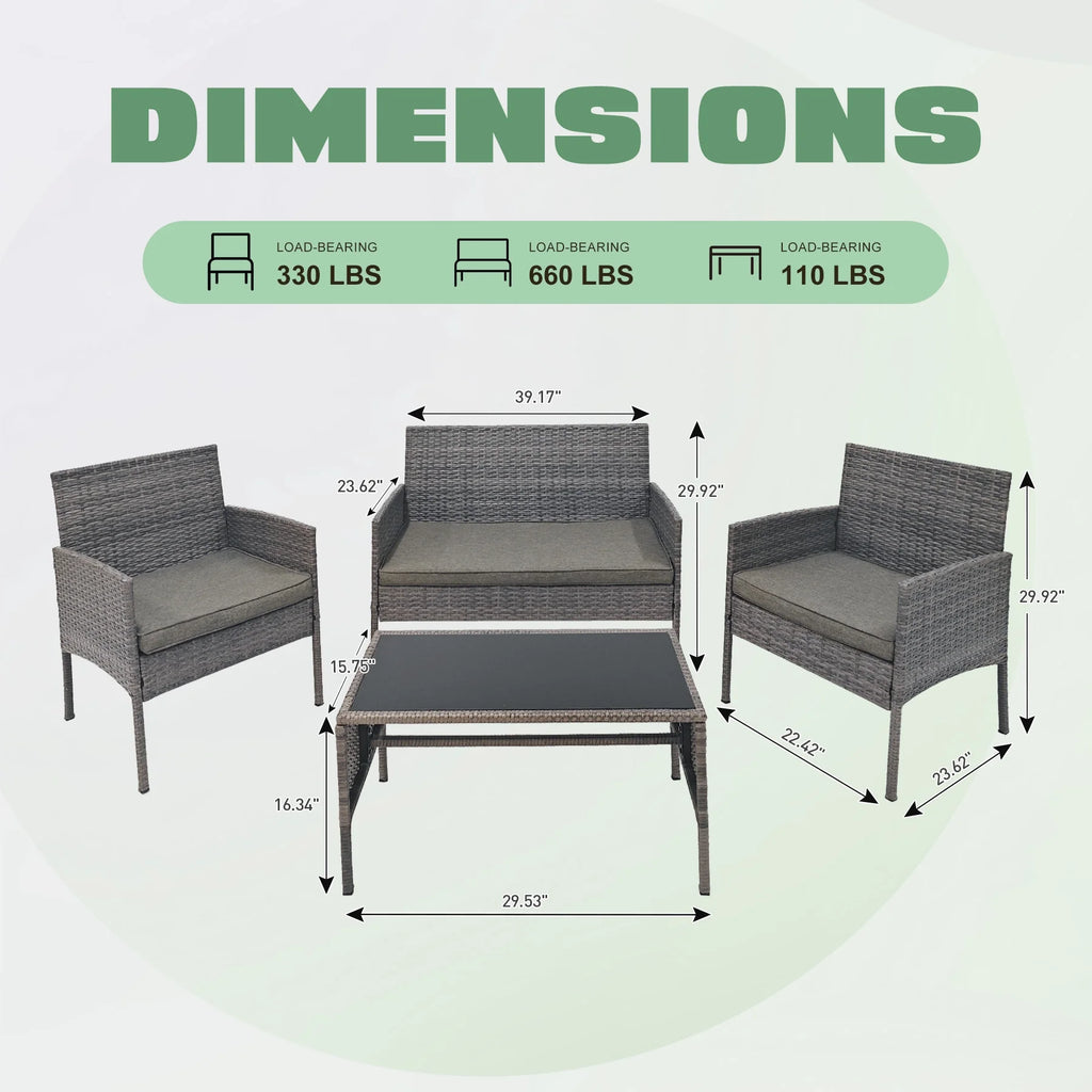 4 Piece Wicker Patio Conversation Furniture Set with Glass-Top Coffee Table & Gray Cushions O230056