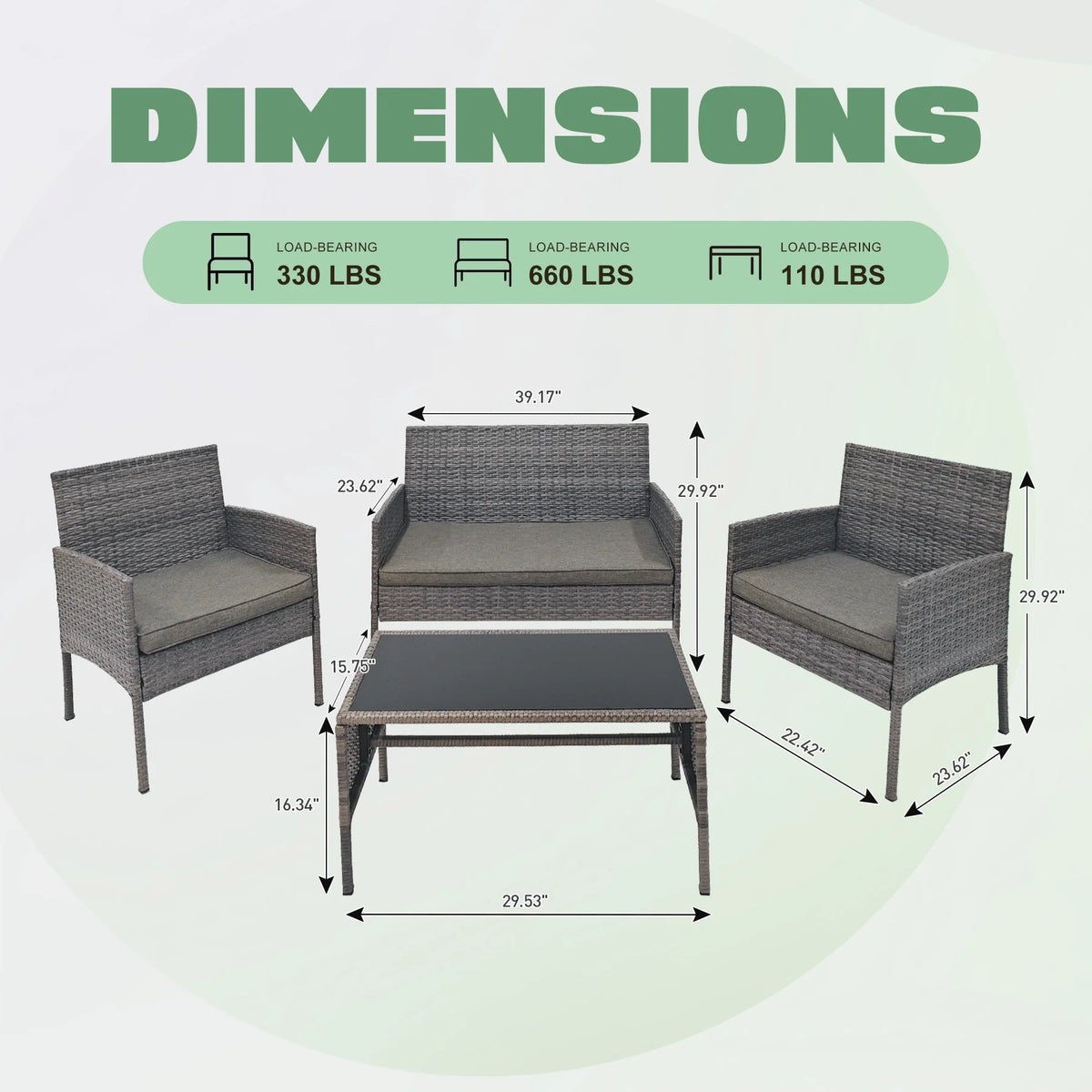 4 Piece Wicker Patio Conversation Furniture Set with Glass-Top Coffee Table & Gray Cushions O230056