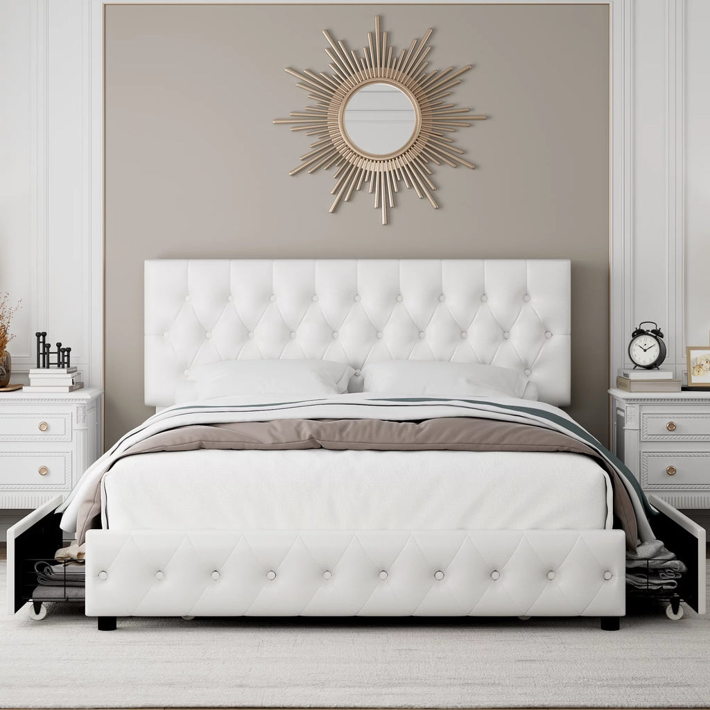 King White Faux Leather Upholstered Storage Bed Frame with 4 Drawers D970