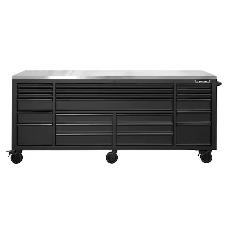 84 in. Heavy Duty Matte Black Mobile Workbench Tool Chest with Stainless Steel Work Top O8971