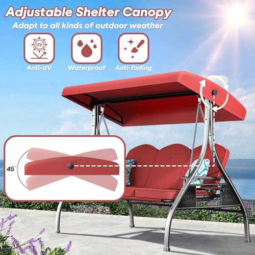3 Seat Outdoor Patio Swing with Stand Adjustable Canopy Wine Red M505698