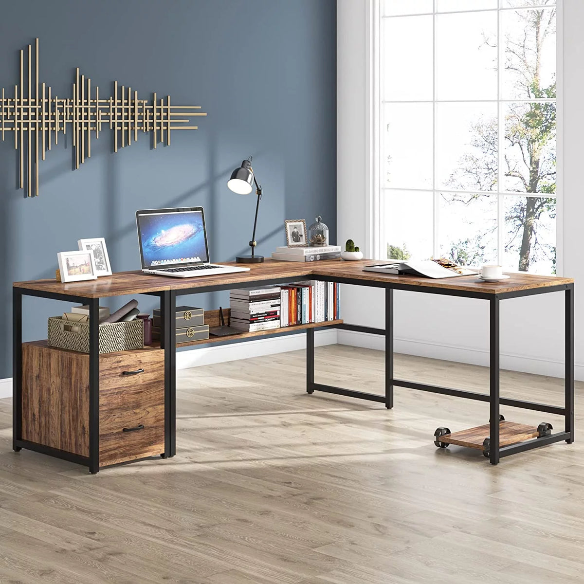 70 Inch L-Shaped Desk with Bookcase Cabinet and Drawers S3526
